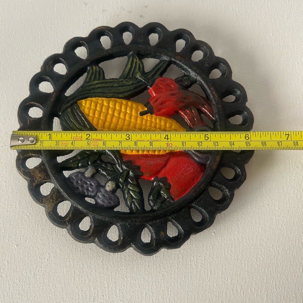 Vintage Cast Iron Enamel Trivet with Vegetables - Picture 6 of 7